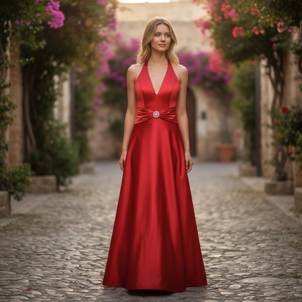 Jessica McClintock Halter Gown Women 10 Red Satin Rhinestone Formal Dress